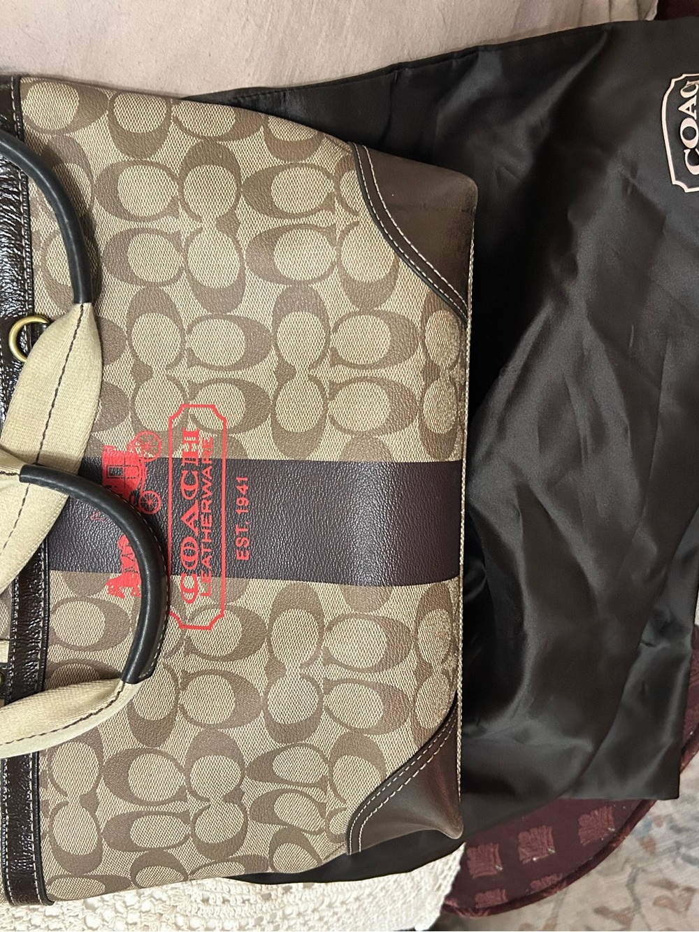 Coach Beige Signature Canvas Messenger with Dark Brown Stripe and Red Logo